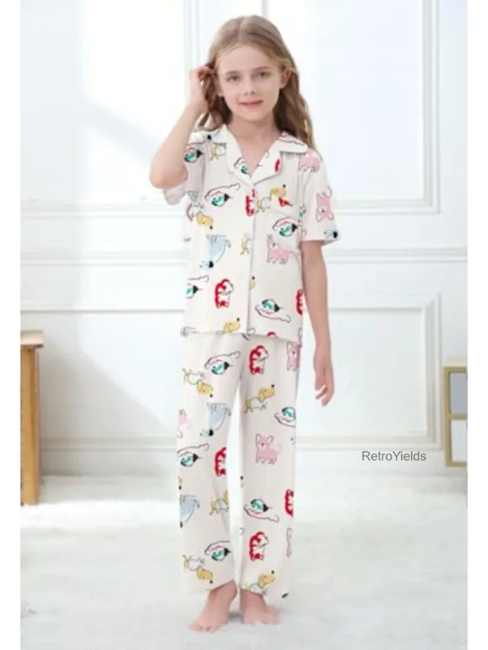 Girls Lyocell 3 Piece Pajama Set Button Down PJs Short Sleeve Loungewear